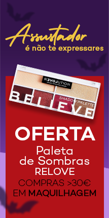 Campanha de Halloween, assustador é não te expressares, com oferta de uma paleta de sombras da marca Relove em compras >30€ em maquilhagem